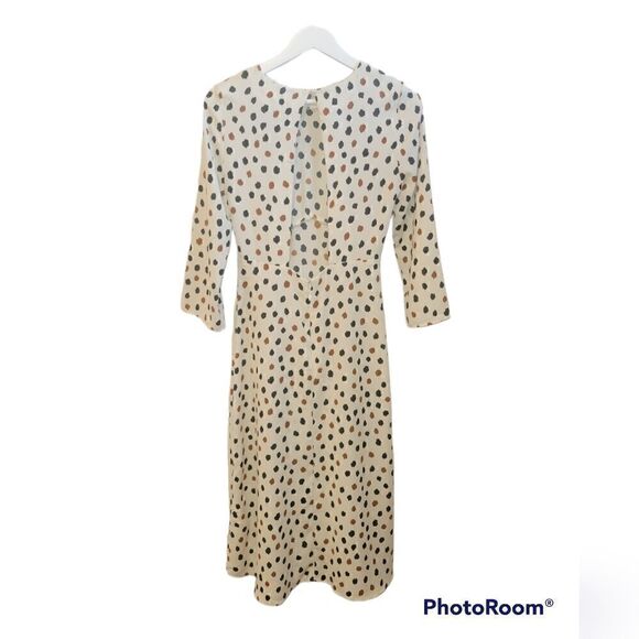 H&M Cleft Open Back Polka Dot White Black and Brown Open Back Midi Dress 4 - Picture 4 of 13